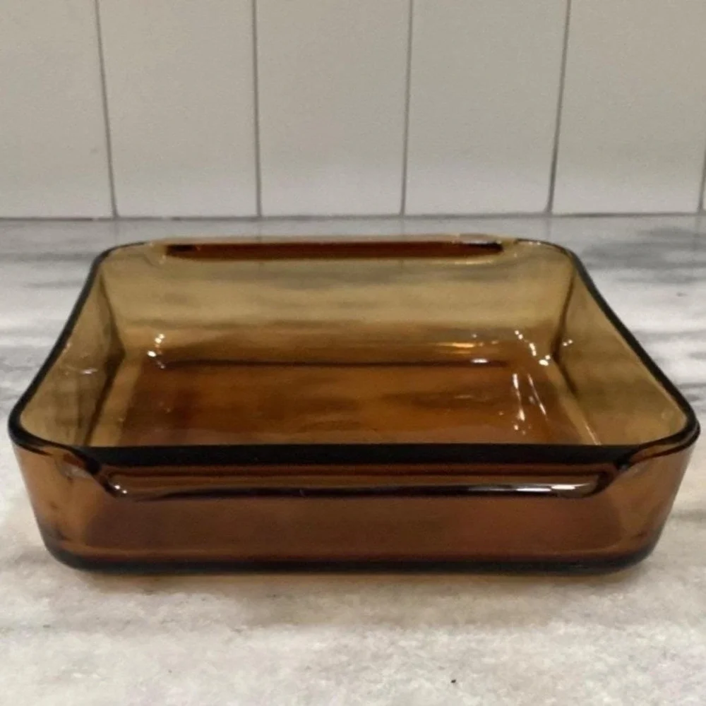 Anchor Hocking Fire-King Square Amber Baking Dish #435, Vintage Brown Bakeware‎